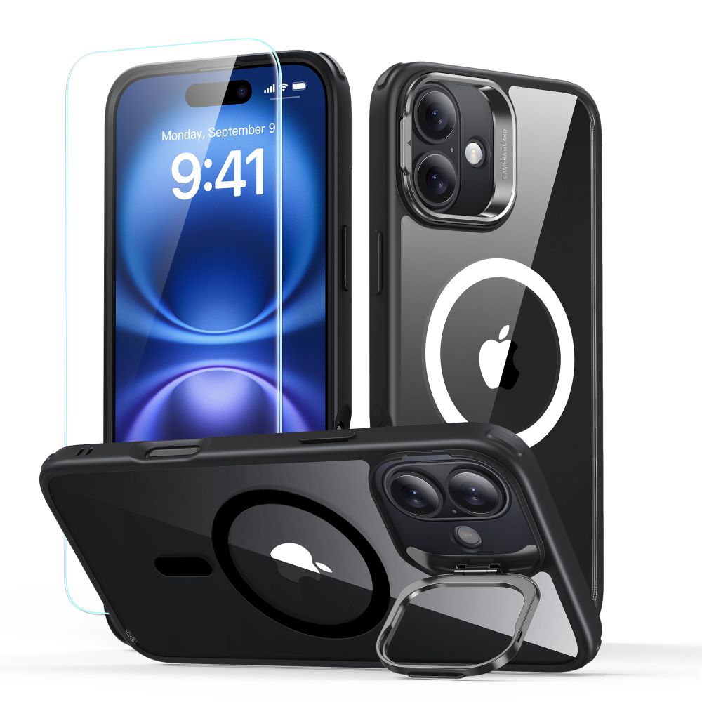Levně ESR Classic Hybrid HaloLock Kickstand + Tvrzené sklo iPhone 16 černá průhledná