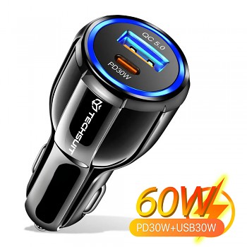 Techsuit Car Charger Premium TE-022 USB-A QC5.0 30W USB-C PD30W 60W LED černá