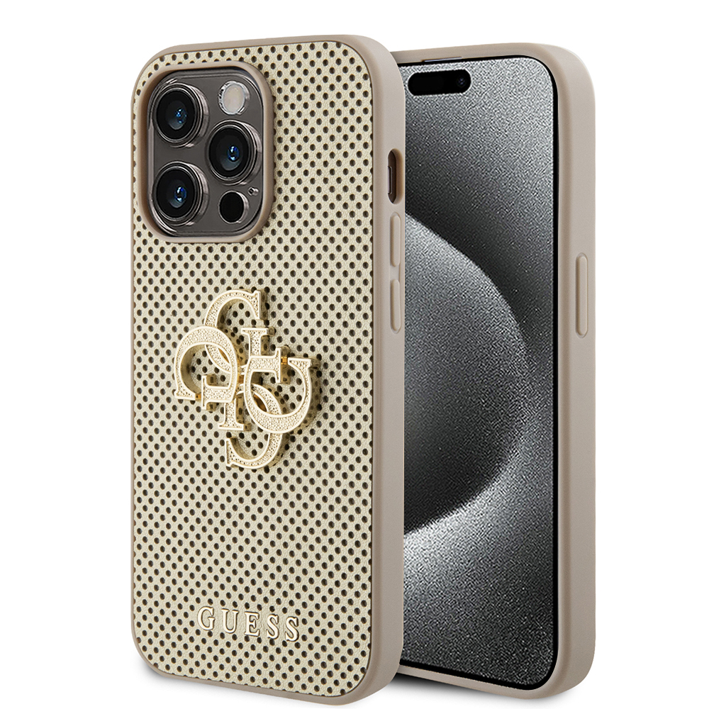 Levně Guess - Kožený Perforovaný 4G iPhone 15 Pro Zlatá