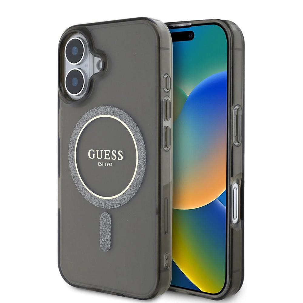 Levně Guess IML Glitter Circle MagSafe GUHMP16SHFGEREK iPhone 16 černá