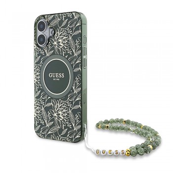 Guess IML Flowers Allover Electro s perlovým řemínkem MagSafe iPhone 16 Plus zelená