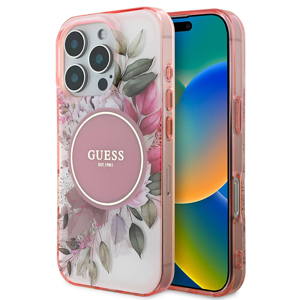 Levně Guess IML Flower &amp; Tonal Circle MagSafe pro iPhone 16 Pro Max růžová