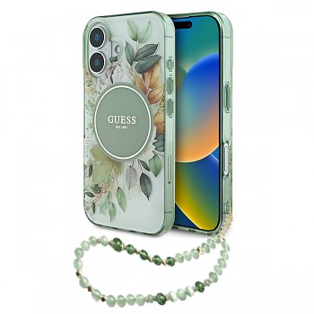 Guess IML Flowers s perlovým řemínkem MagSafe iPhone 16 Plus zelený