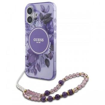 Guess IML Flowers s perlovým řemínkem MagSafe iPhone 16 fialová