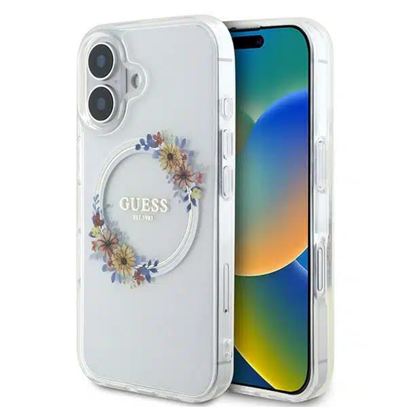 Levně Guess IML Flowers Wreath MagSafe GUHMP16SHFWFCT iPhone 16 průhledný