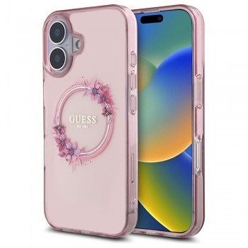 Guess IML Flowers Wreath MagSafe GUHMP16SHFWFCP iPhone 16 růžová