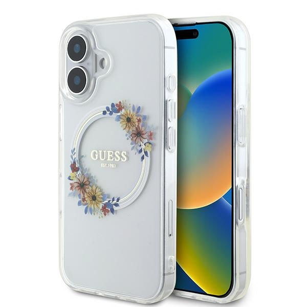 Levně Guess IML Flowers Wreath MagSafe iPhone 16 Plus průhledný