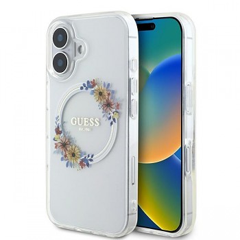 Guess IML Flowers Wreath MagSafe iPhone 16 Plus průhledný