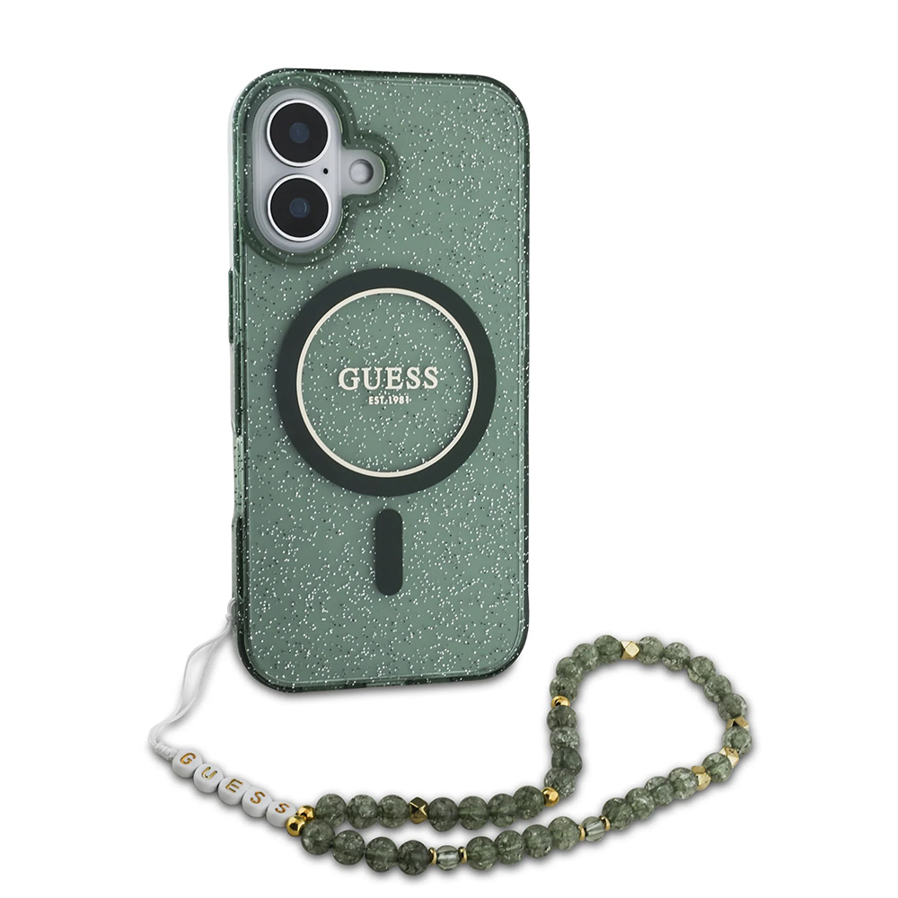 Levně Guess IML Glitter s perlovým řemínkem MagSafe iPhone 16 Plus zelená