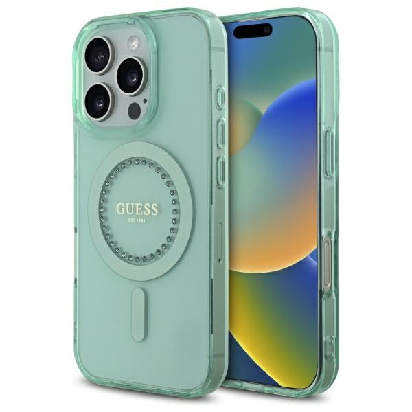 Levně Guess IML Rhinestones MagSafe GUHMP16LPFTDTEN iPhone 16 Pro zelená