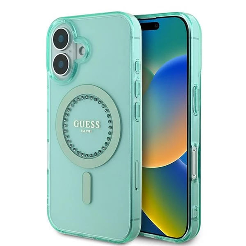 Levně Guess IML Rhinestones MagSafe GUHMP16MPFTDTEN iPhone 16 Plus zelená