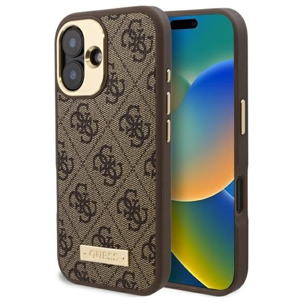 Levně Guess Hardcase 4G Logo Plate MagSafe iPhone 16 hnědý