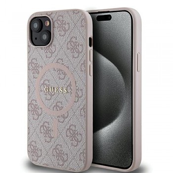 Guess 4G Collection kožené MagSafe pouzdro iPhone 15 růžové