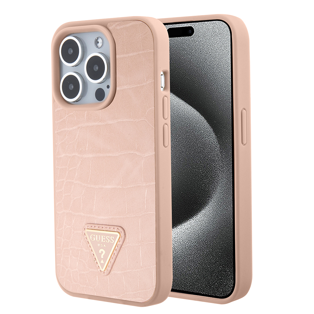 Levně Guess Croco Triangle Metal Logo pouzdro iPhone 15 Pro Max růžová