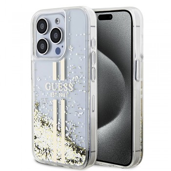 Guess Liquid Glitter Gold Stripes pouzdro iPhone 15 Pro průhledné