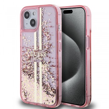 Guess Liquid Glitter Gold Stripes iPhone 15 Plus růžový