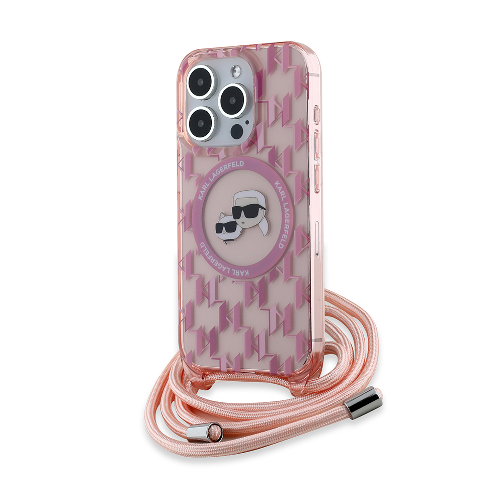Karl Lagerfeld IML Crossbody MagSafe iPhone 15 Pro růžový monogram Karl&amp;Choupette Head