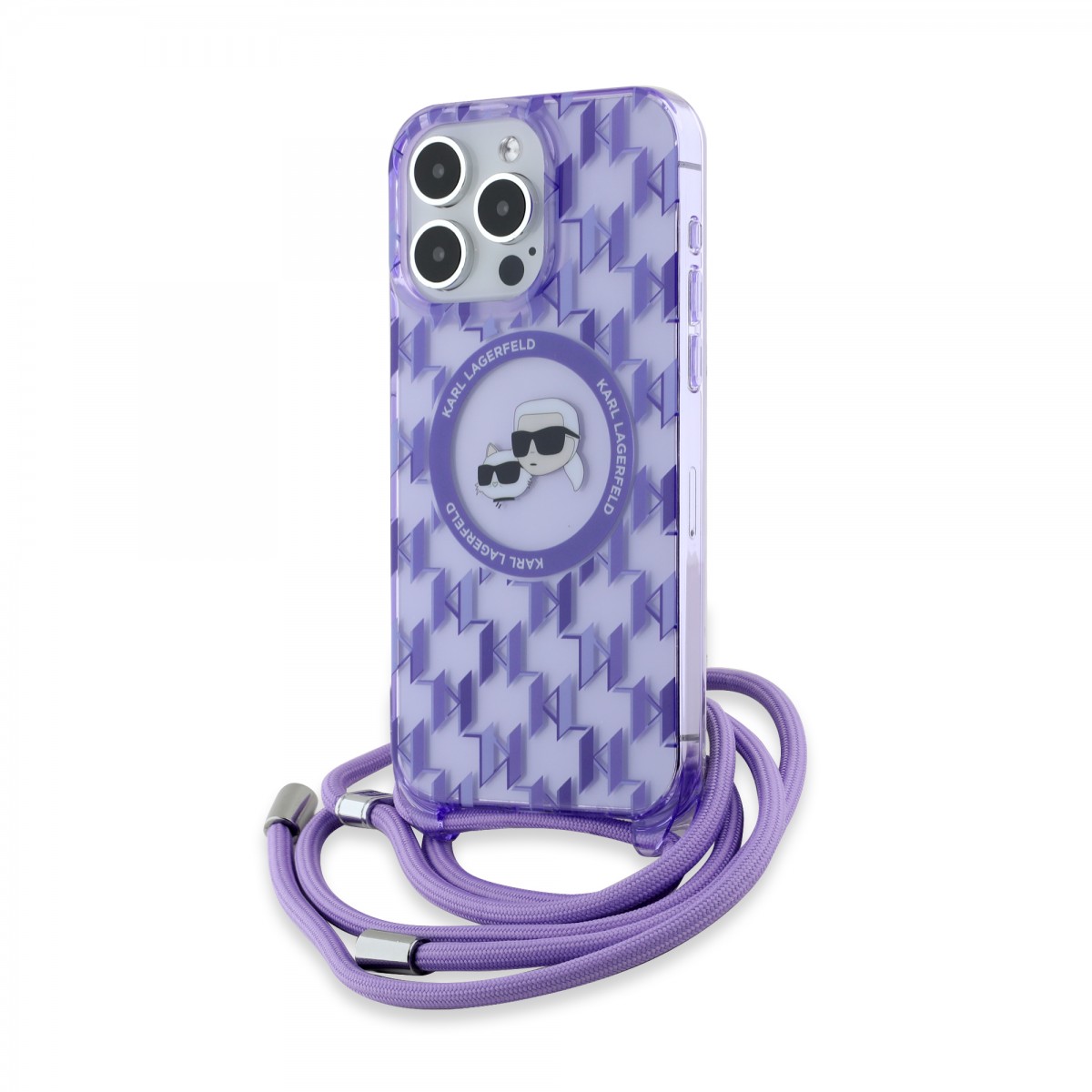 Karl Lagerfeld IML Crossbody MagSafe iPhone 15 Pro fialový monogram Karl&amp;Choupette Head