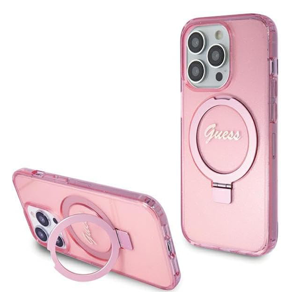Levně Guess Ring Stand Script Glitter MagSafe iPhone 15 Pro Růžová