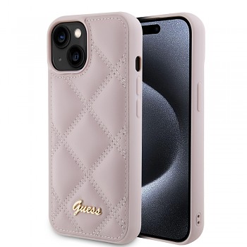 Guess Quilted Metal Logo pouzdro iPhone 15 růžové