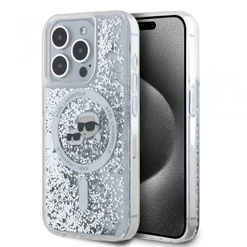 Karl Lagerfeld Liquid Glitter MagSafe iPhone 15 Pro průhledný Karl&Choupette Head