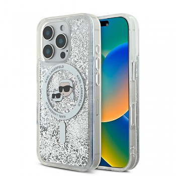 Karl Lagerfeld Liquid Glitter MagSafe iPhone 16 Pro průhledný Karl&Choupette Head