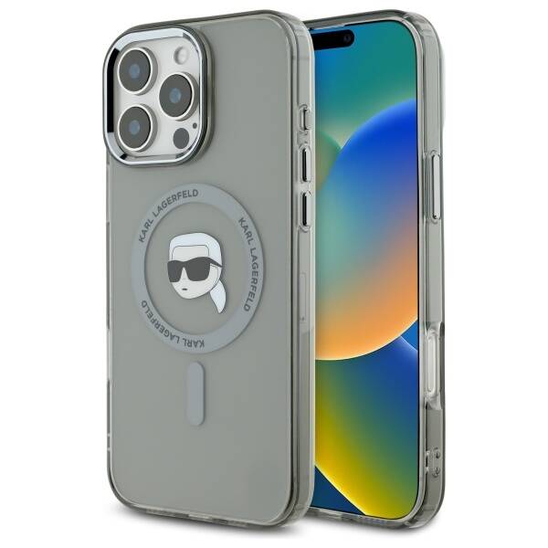 Levně Karl Lagerfeld IML MagSafe iPhone 16 Pro Metalová Karlova hlava