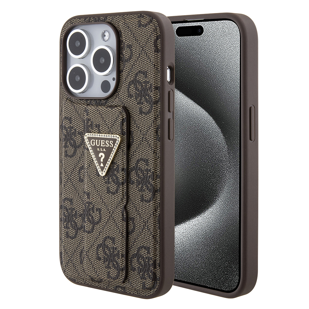 Levně Guess Grip Stand 4G Triangle Strass pro iPhone 15 Pro hnědá