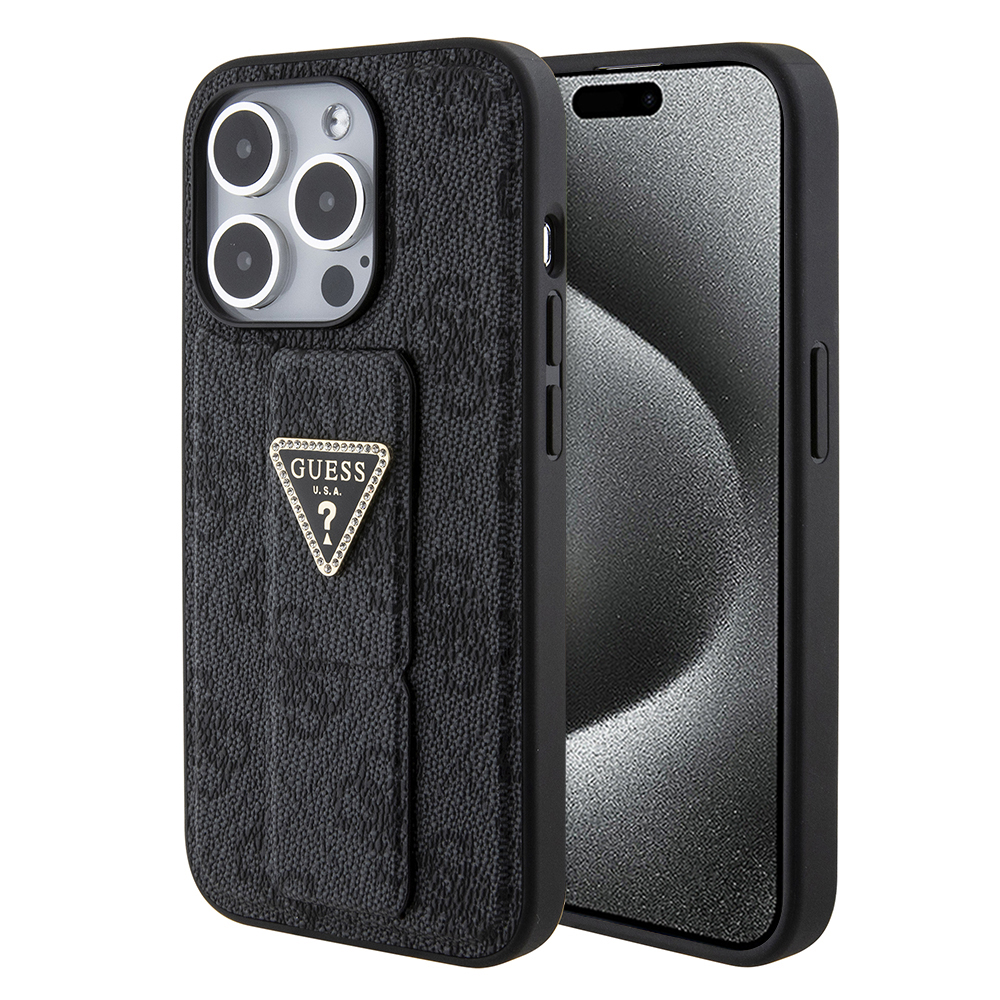 Levně Guess Grip Stand 4G Triangle Strass pro iPhone 15 Pro Max černý