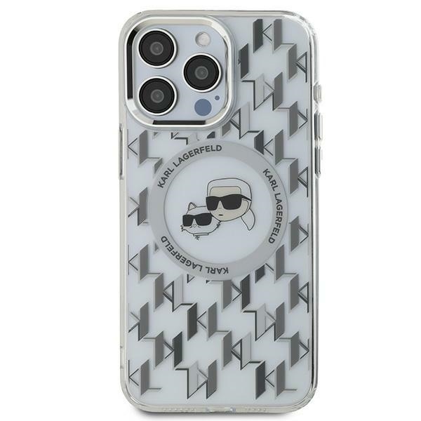 Karl Lagerfeld IML MagSafe iPhone 15 průhledný monogram Karl&amp;Choupette Head