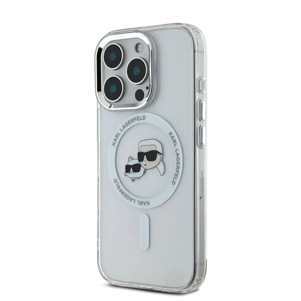 Karl Lagerfeld IML MagSafe iPhone 16 Pro Bílý Metal Karl&amp;Choupette Head