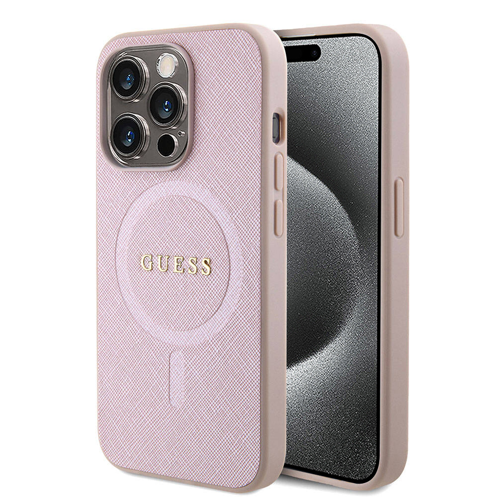 Levně Guess Saffiano MagSafe pouzdro iPhone 15 Pro růžová