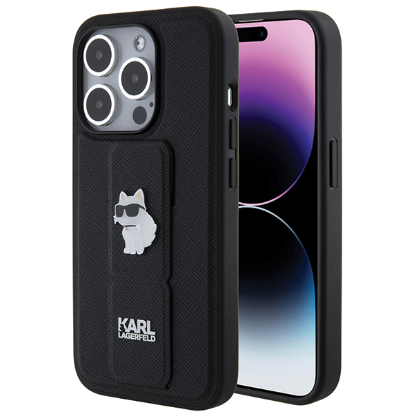 Levně Karl Lagerfeld Saffiano Gripstand iPhone 14 Pro Choupette růžová