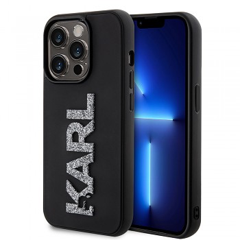 Karl Lagerfeld 3D Design iPhone 15 Pro černé třpytivé logo z gumy