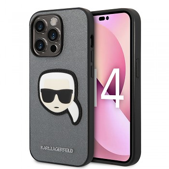 Karl Lagerfeld Saffiano pouzdro iPhone 14 Pro stříbrné Karlova hlava