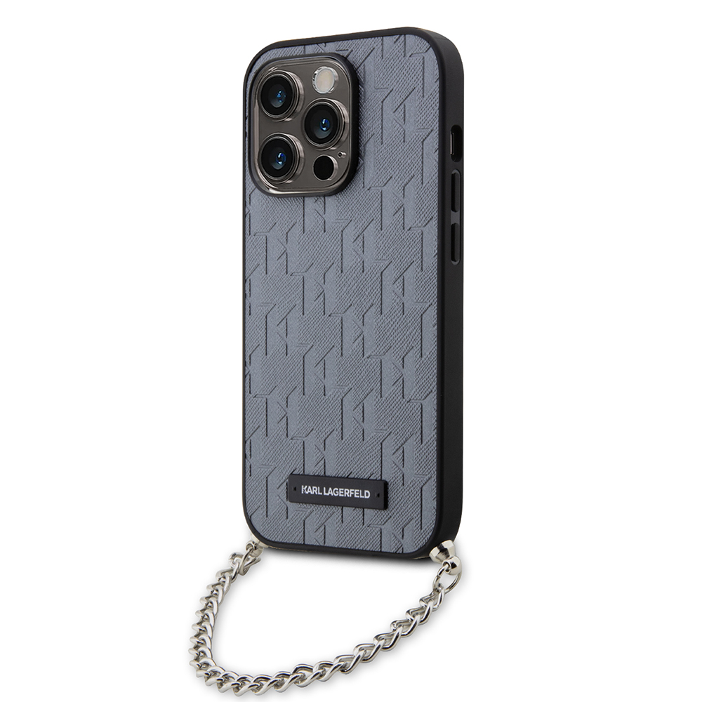 Levně Karl Lagerfeld Saffiano Monogram Chain pro iPhone 14 Pro stříbrná