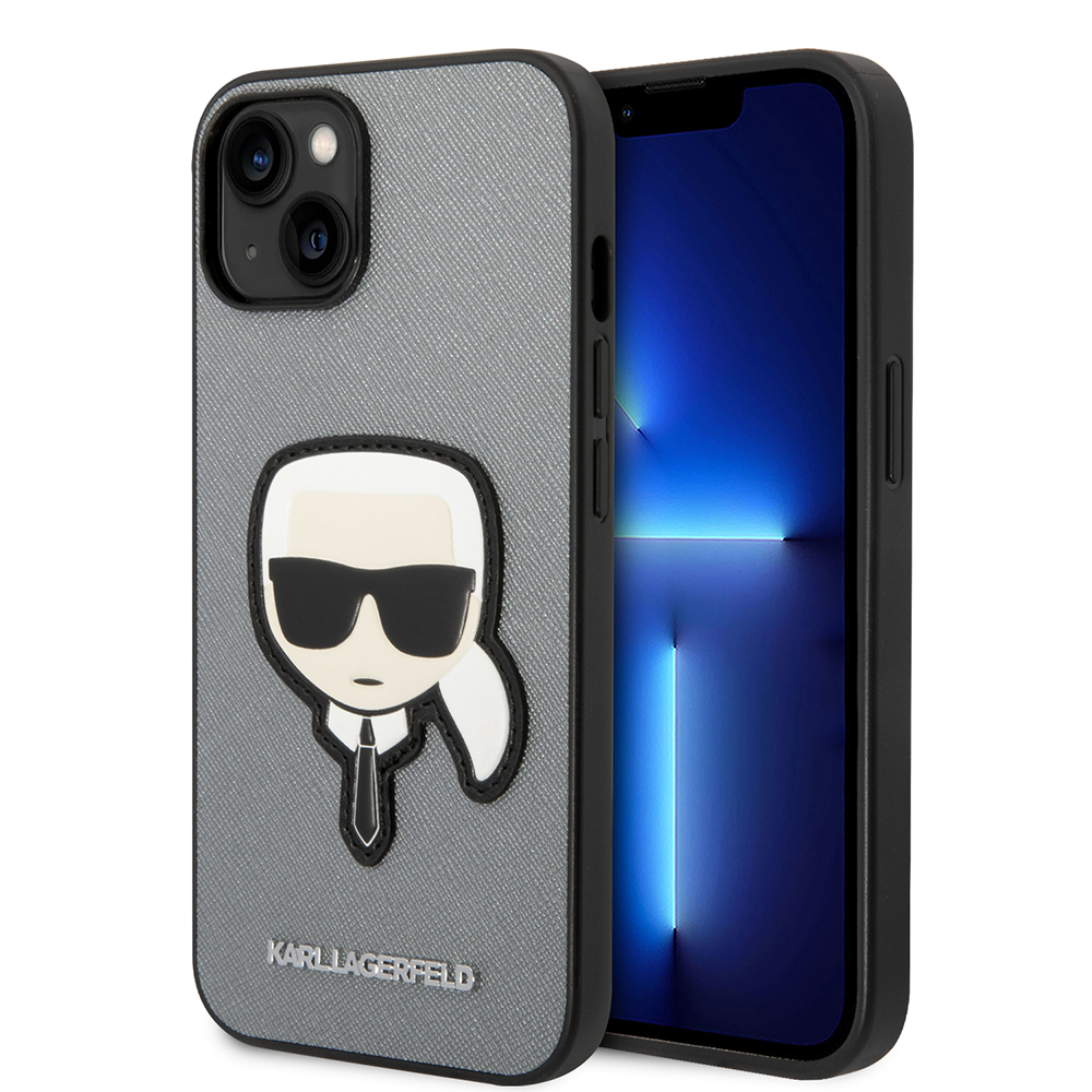 Levně Karl Lagerfeld Saffiano pouzdro iPhone 14 Plus stříbrné Karlova hlava