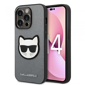 Karl Lagerfeld Saffiano pouzdro iPhone 14 Pro Max stříbrné Choupette Head