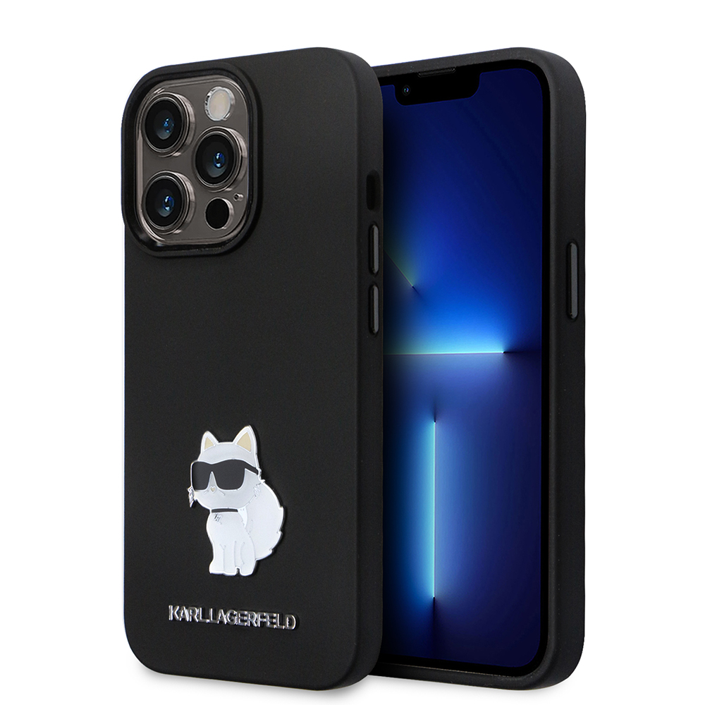 Levně Karl Lagerfeld Silicone pouzdro iPhone 14 Pro Choupette Metal Pin růžová