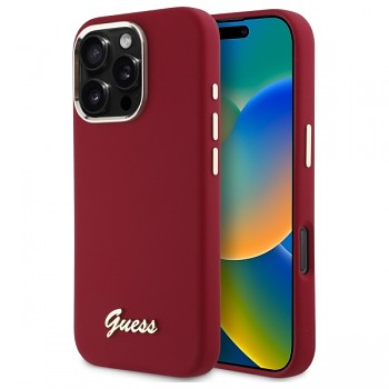 Guess Silicone Script Metal Logo pouzdro iPhone 16 Pro červené