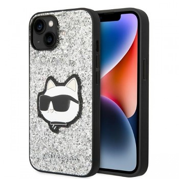 Karl Lagerfeld Hardcase Glitter iPhone 14 Stříbrná Choupette Patch