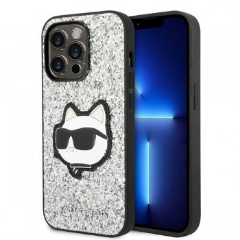 Karl Lagerfeld Hardcase Glitter iPhone 14 Pro Max Stříbrná Choupette Patch