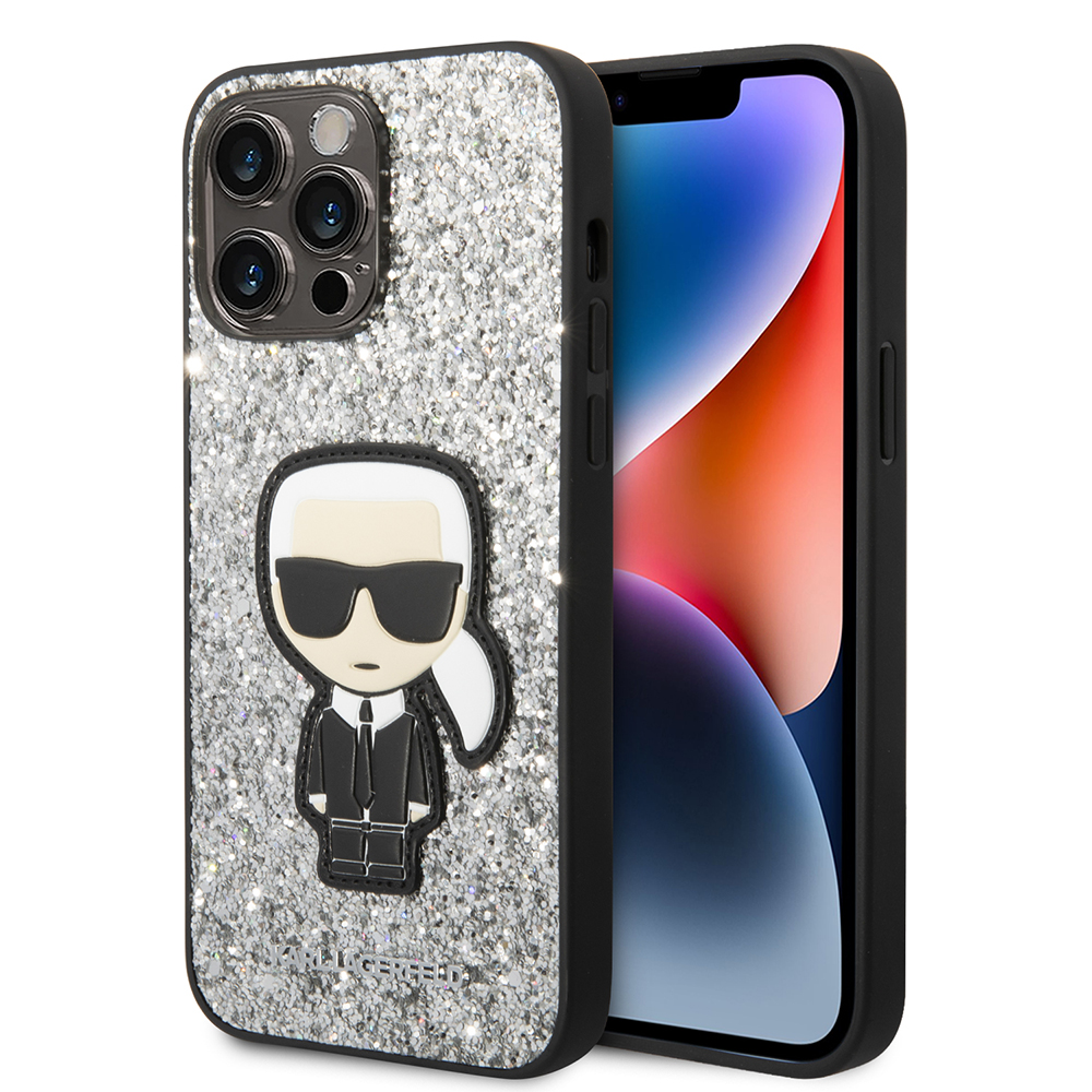 Levně Karl Lagerfeld Hardcase Glitter iPhone 14 Pro Max stříbrné vločky Ikonik