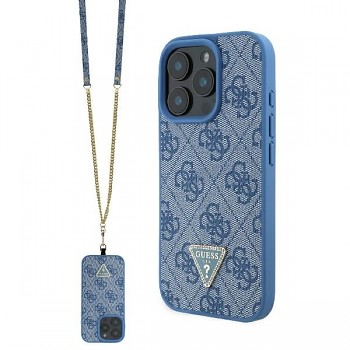 Guess Leather Metal Logo Strass Crossbody iPhone 16 Pro modrá