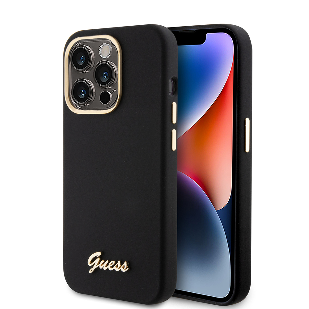 Levně Guess - silikonový kryt s kovovým logem a rámečkem iPhone 15 Pro černý