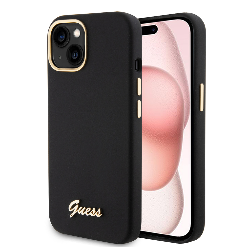 Levně Guess Silicone Script Metal Logo &amp; Frame GUHCP15SSMBSLK iPhone 15 černá