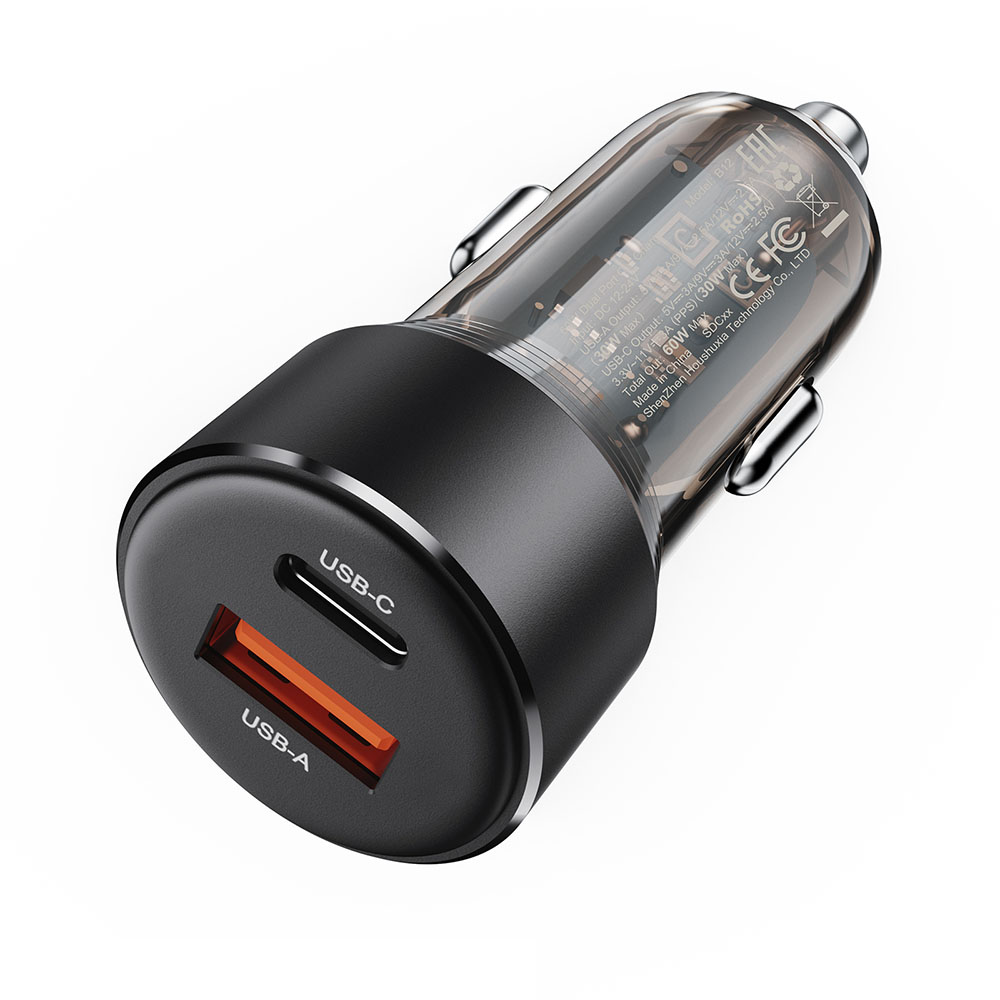 Levně Acefast Car Charger B12 Dvouportová Type-C USB Dvojité Rychlé Nabíjení 60W Černá