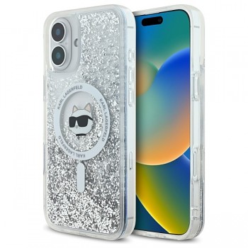 Karl Lagerfeld Glitter Liquid MagSafe iPhone 16 průhledný Choupette Head