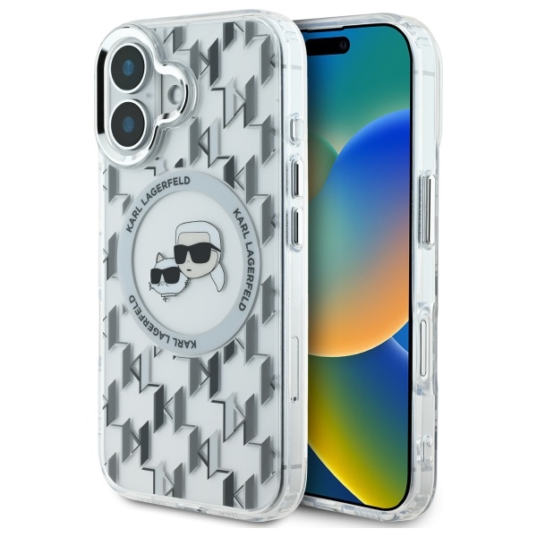 Karl Lagerfeld IML MagSafe iPhone 16 průhledný monogram Karl&amp;Choupette Head