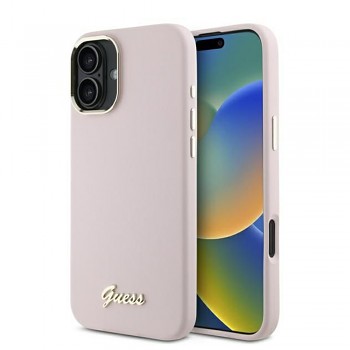 Guess Silicone Script Metal Logo & Frame pouzdro iPhone 16 Plus růžové
